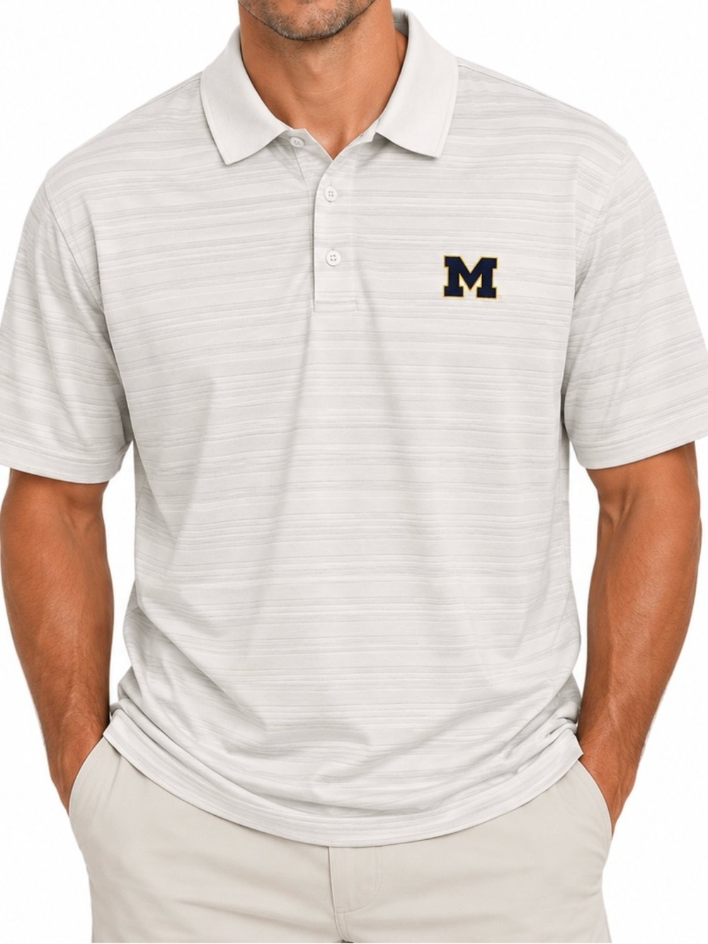 Champion White Heather Polo with Navy & Gold M Logo